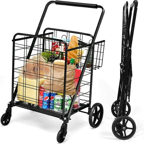 DORTALA Folding Shopping Cart, 330 lbs Capacity, Jumbo Double Basket Grocery Cart with 360° Rolling Swivel Wheels, Portable Folding Utility Cart for Laundry, Shopping, Grocery, Luggage, Black