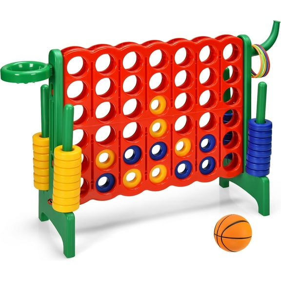 DORTALA Giant 4-in-A-Row, Plastic Jumbo Connect Game Set w/42 Jumbo Rings, Quick-Release Slider, Ring Toss, 2.5Ft Indoor Outdoor 4 to Score Yard Game w/Basketball Hoop