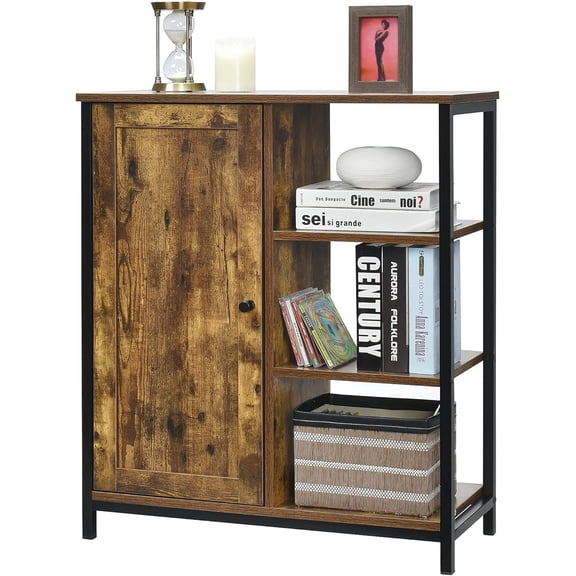 DORTALA Industrial Storage Cabinet, Free Standing Cupboard w/3 Open Shelves & Door, Multifunctional Floor Cabinet Sideboard w/Metal Frame for Living Room, Kitchen, Hallway, Bathroom, Kitchen