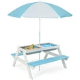 thumbnail image 1 of DORTALA Kids Picnic Table, 3-in-1 Water & Sand Activity Table with Height Adjustable Umbrella & Removable Tabletop, Outdoor Wooden Bench & Table Set for Toddler, for Garden, Yard & Patio, Blue, 1 of 14