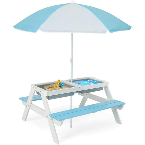 DORTALA Kids Picnic Table, 3-in-1 Water & Sand Activity Table with Height Adjustable Umbrella & Removable Tabletop, Outdoor Wooden Bench & Table Set for Toddler, for Garden, Yard & Patio, Blue
