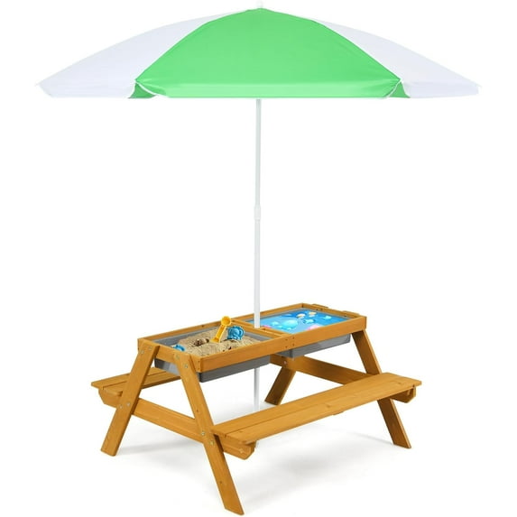 DORTALA Kids Picnic Table, 3-in-1 Water & Sand Activity Table with Height Adjustable Umbrella & Removable Tabletop, Outdoor Wooden Bench & Table Set for Toddler, for Garden, Yard & Patio, Colorful