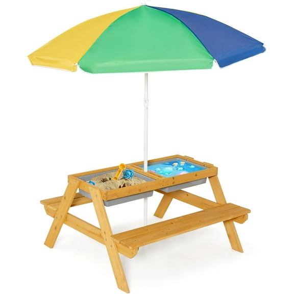 DORTALA Kids Picnic Table, 3-in-1 Water & Sand Activity Table with Height Adjustable Umbrella & Removable Tabletop, Outdoor Wooden  & Table Set for Toddler, for Garden, Yard & Patio, Natural