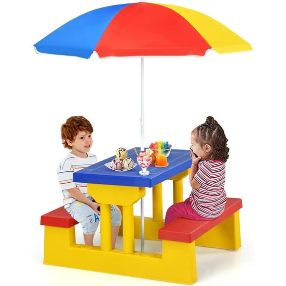 DORTALA Kids Picnic Table, Outdoor Toddler Table and Bench Set with Removable Umbrella, Plastic Kids Activity Table Set for Backyard, Garden, Nursery, Gift for Boys Girls Age 3+, Colorful