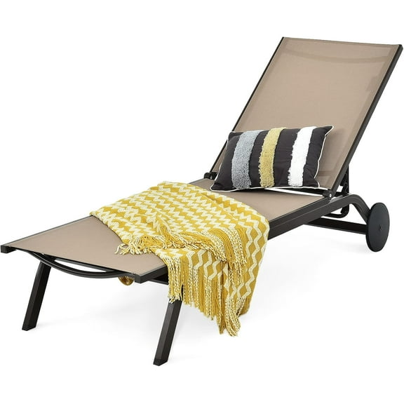DORTALA Outdoor Aluminum Chaise Lounge, Patio Lounge Recliner Chair w/Adjustable Backrest and Wheels for Beach, Yard, Balcony, Poolside, Brown