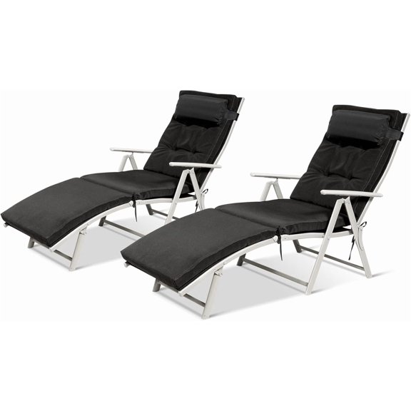 DORTALA Outdoor Folding Chaise Lounge Chair, Lightweight Recliner Chair with 7 Adjustable Backrest Positions, Pillow for Patio, Yard, Poolside, Set of 2, Black