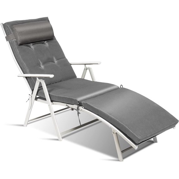 DORTALA Outdoor Folding Chaise Lounge Chair, Lightweight Recliner Chair w/Portable Design and 7 Adjustable Backrest Positions, Outdoor Reclining Beach w/Pillow for Patio, Grey