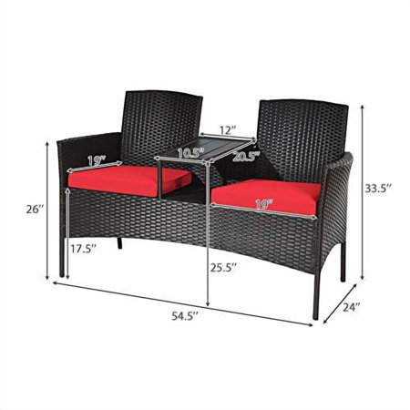 DORTALA Outdoor Patio Loveseat, Wicker Conversation Set with Cushions and Built-in Coffee Table, 2 Person Rattan Seating for Garden Lawn Backyard, Dark Brown+Red