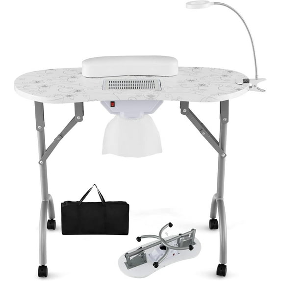 DORTALA Portable Nail Desk, Nail Table Station for Nail Techs w/Electric Dust Collector, Bendable LED Lamp, Removable Armrest Pad, Folding Manicure Table with Lockable Wheels for Home, Salon, White