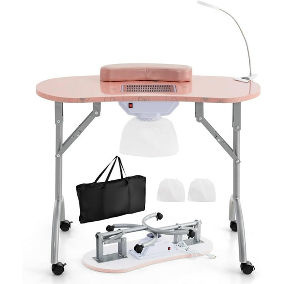 DORTALA Portable Nail Desk, Nail Table Station for Nail Techs w/Electric Dust Collector, Bendable LED Lamp, Removable Armrest Pad, Folding Manicure Table with Lockable Wheels for Home, Salon, Pink
