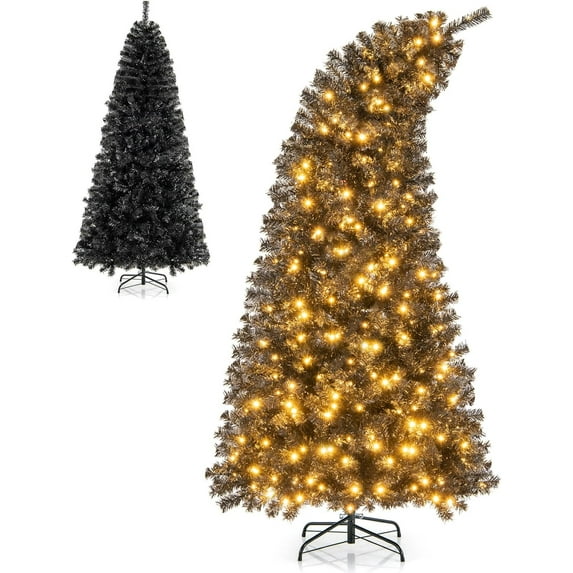 DORTALA Pre-Lit Halloween Tree 7 FT, Artificial Christmas Tree with with Bendable Top, 1050 Branch Tips, 340 Warm White LED Lights, Hinged Xmas Tree for Home Office Party, Black