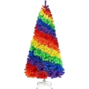DORTALA Rainbow Christmas Tree 7FT, Full Fir Hinged Xmas Tree with 1213 Branch Tips, Metal Stand, Pride Christmas Tree for Indoor Outdoor Holiday Seasonal Decoration