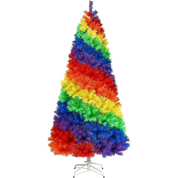 DORTALA Rainbow Christmas Tree 7FT, Full Fir Hinged Xmas Tree with 1213 Branch Tips, Metal Stand, Pride Christmas Tree for Indoor Outdoor Holiday Seasonal Decoration