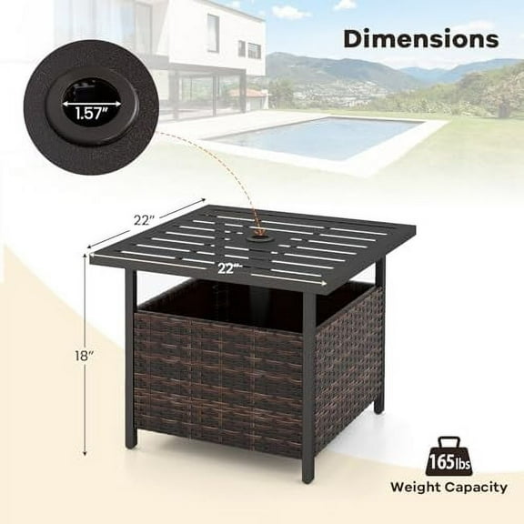 DORTALA Rattan Wicker Umbrella Square Side Table Outdoor Stand Garden Leisure Coffee Table with Umbrella Hole, Dark Brown