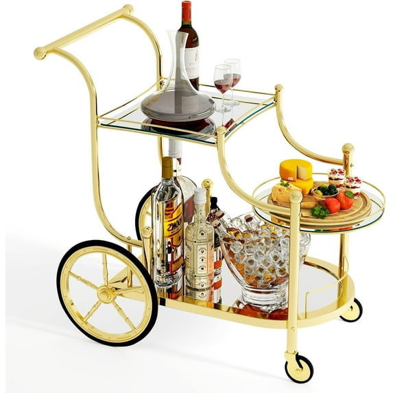 DORTALA Rolling Serving Cart, 3-Tier Metal Bar Cart with Tempered Glass, 4 Wheels Tea Serving Bar Cart for Livingroom, Kitchen, Gold