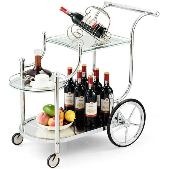 DORTALA Rolling Serving Cart, 3-Tier Metal Bar Cart with Tempered Glass, 4 Wheels Tea Serving Bar Cart for Livingroom, Kitchen, Silver