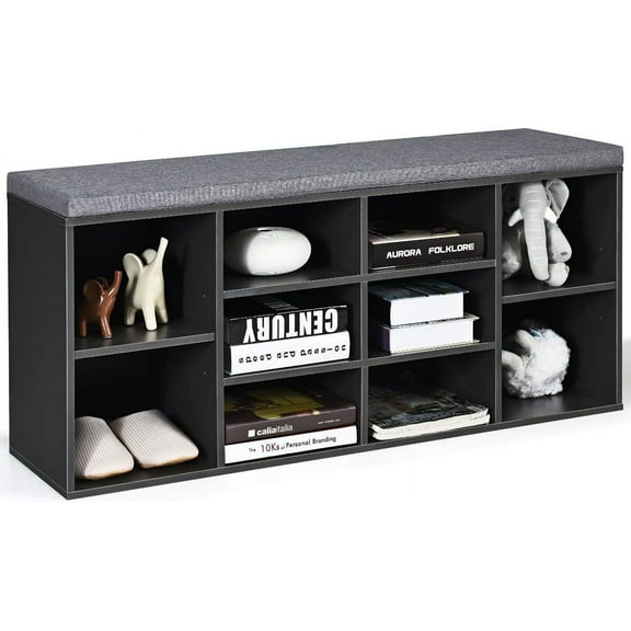 DORTALA Shoe Bench w/Padded Cushions, 10-Cube Storage Bench Cabinet w/Adjustable Shelves, Entryway Shoe Storage Bench, Cube Organizer Rack Cabinet for Living Room Bedroom, Hallway, Grey