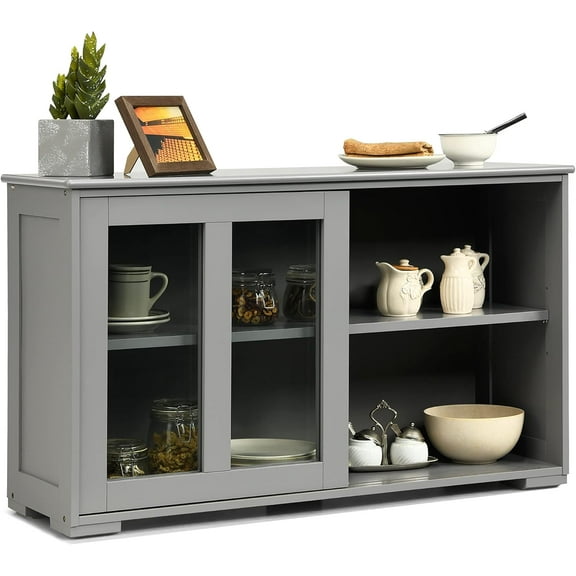 DORTALA Sideboard Buffet Storage Cabinet, Storage Sideboard w/ 2 Sliding Glass Doors, Adjustable Shelf, Stackable Buffet Server for Kitchen, Living Room, Entryway, Gray