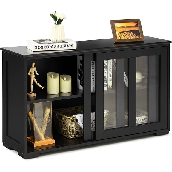 DORTALA Sideboard Buffet Storage Cabinet, Storage Sideboard w/ 2 Sliding Glass Doors, Adjustable Shelf, Stackable Buffet Server for Kitchen, Living Room, Entryway, Black