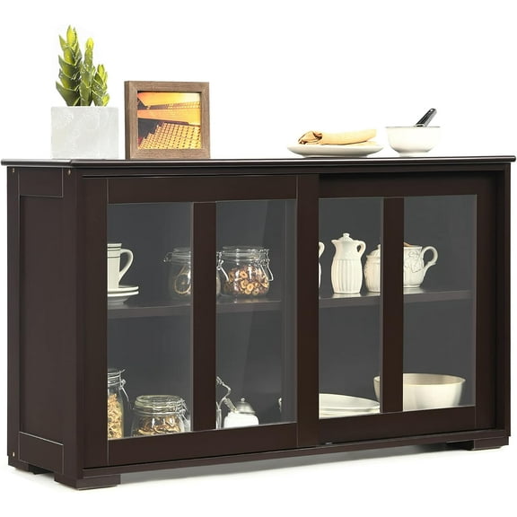DORTALA Sideboard Buffet Storage Cabinet, Storage Sideboard w/ 2 Sliding Glass Doors, Adjustable Shelf, Stackable Buffet Server for Kitchen, Living Room,Entryway, Brown