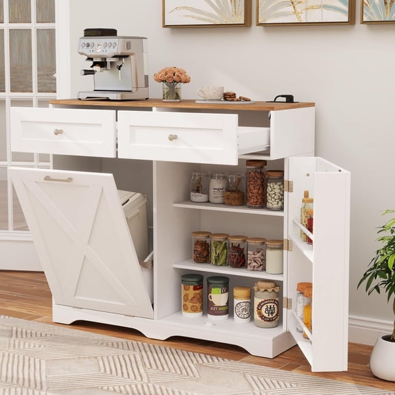DORTALA Tilt Out Trash Can Cabinet, Farmhouse Wooden Kitchen Island with Hidden Trash Can, Power Outlet, Adjustable Shelves, Dog Proof Garbage Bin Cabinet for Kitchen & Laundry Room