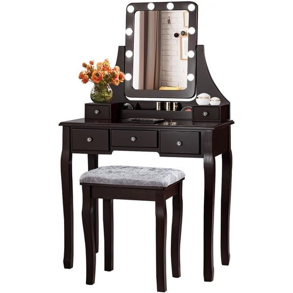 DORTALA Vanity Table Set w/ 360-Degree Rectangular Mirror & Cushioned Stool, Makeup Table w/ 10 LED Dimmable Bulbs, Bedroom Wood Dressing Table w/ 5 Drawers & Removable Box Organizer, Brown