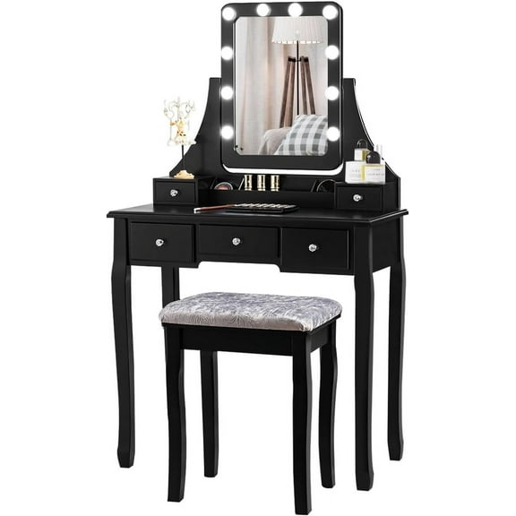 DORTALA Vanity Table Set w/ 360-Degree Rectangular Mirror & Cushioned Stool, Makeup Table w/ 10 LED Dimmable Bulbs, Bedroom Wood Dressing Table w/ 5 Drawers & Removable Box Organizer, Black