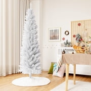 DORTALA White Pencil Christmas Tree 7 FT, Unlit Artificial Slim Xmas Tree with 436 Branch Tips, Metal Stand, Skinny Christmas Tree for Home Office