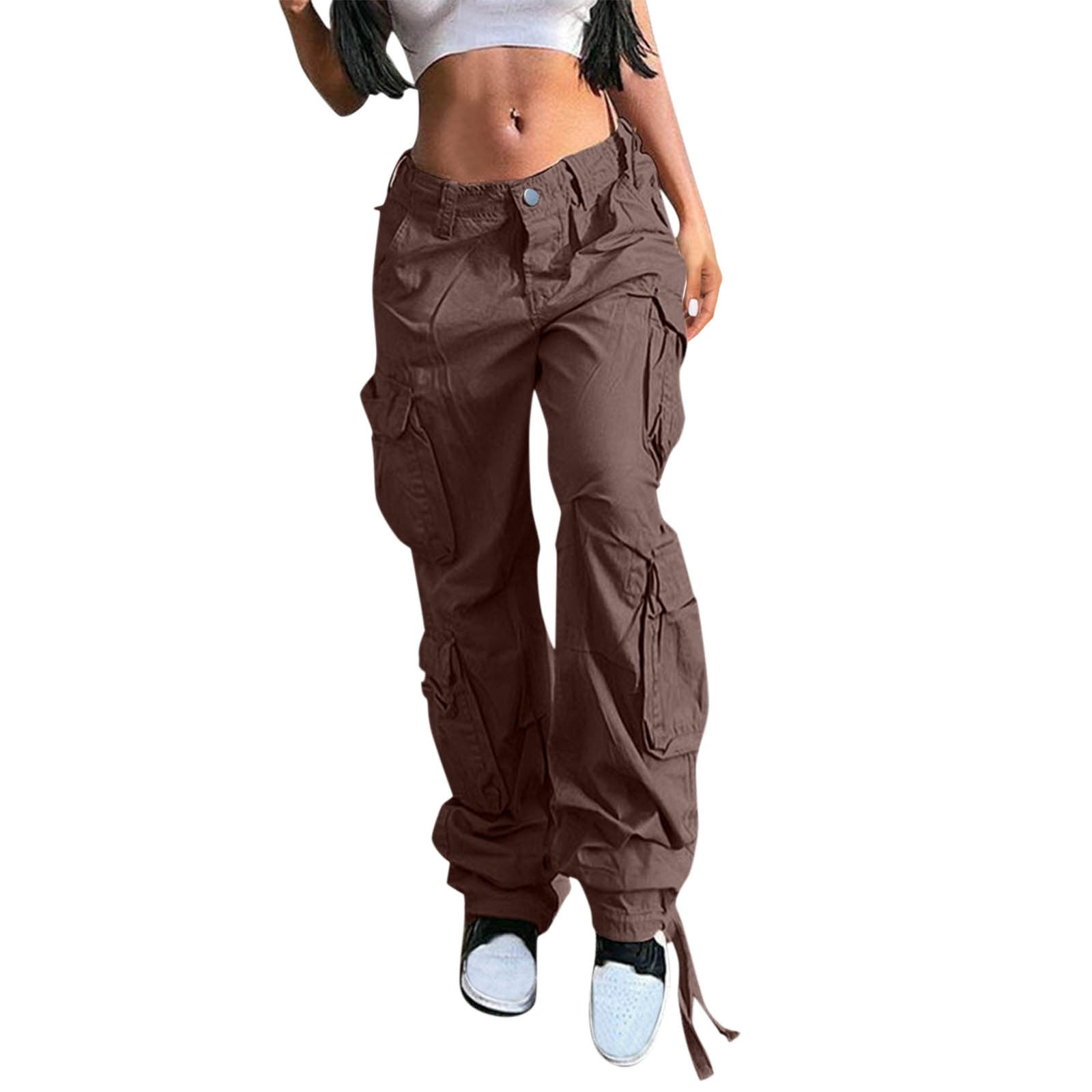 DOSAU Women High Waist Baggy Cargo Pants Cargo Jeans Loose Fit Straight