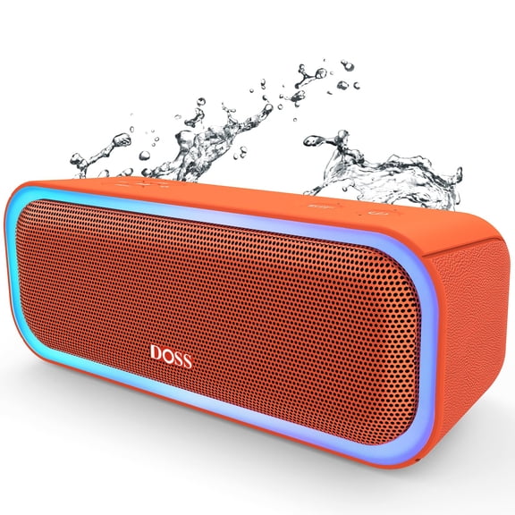 DOSS SoundBox Pro Bluetooth Speaker, 20W Stereo Sound, Active Extra Bass, 20H Playtime, Multi-Colors Lights, Wireless Stereo Pairing, IPX6 Waterproof for Garden, Hiking, Camping, Party-Orange