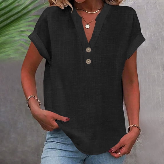 DOSUKRAI Cotton Linen Cap Sleeve T Shirts for Women V Neck Button Down Shirts Summer Blouses 2024 Trendy Solid Cute Tshirts Black,S
