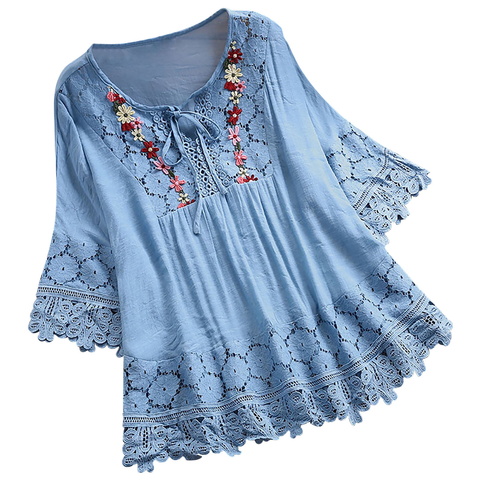 DOSUKRAI Cotton Tops for Women,Patchwork Bow Embroidered