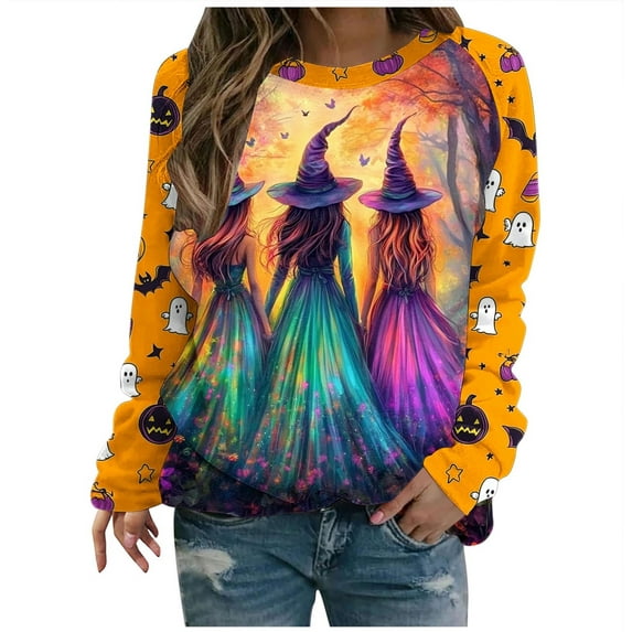 DOSUKRAI Fall Halloween Sweatshirts for Women 2025 Trendy Cute Ghost Graphic Long Sleeve Sweatshirt Crewneck Spooky Season Sweaters Multicolor,XXL