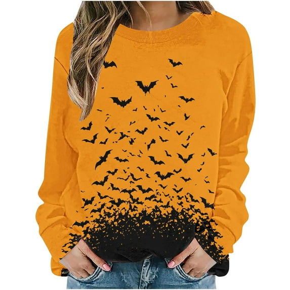 DOSUKRAI Funny Halloween Sweatshirts for Women Spooky Season Long Sleeve Graphic Crewneck Pullover Tops Cute Ghost Sweater Yellow,XXL