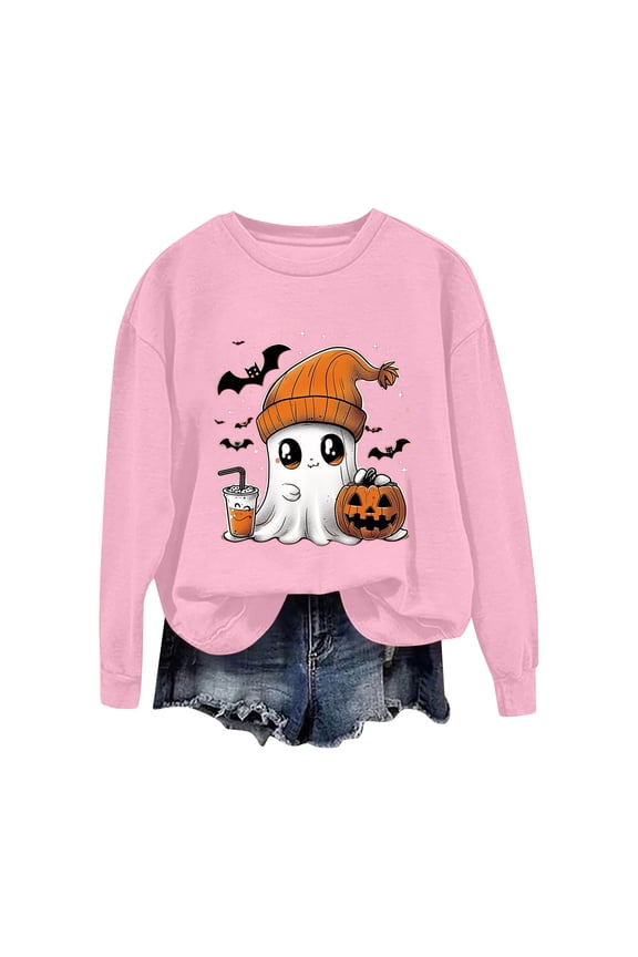 Halloween Crewneck Sweatshirt Women Cute Ghost Graphic Long Sleeve Pullover Tops Fall Fashion Loose Sweat Shirts Sweater 2025 Pink,M