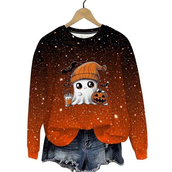 DOSUKRAI Halloween Graphic Sweatshirts for Women Spooky Season Funny Long Sleeve Crewneck Pullover Tops Cute Ghost Sweater Orange,L