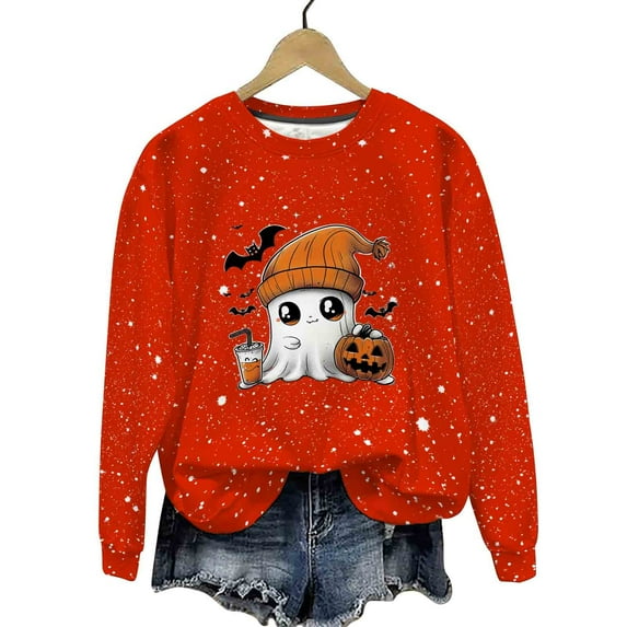 DOSUKRAI Halloween Sweatshirt Womens 2025 Cute Fall Oversized Crewneck Ghost Graphic Spooky Long Sleeve Funny Pullover Orange,XXL
