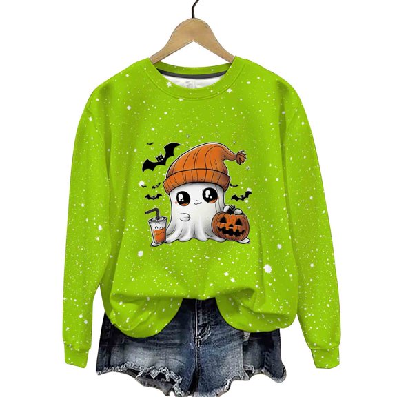 DOSUKRAI Halloween Sweatshirt Womens Spooky Season Funny Long Sleeve Graphic Crewneck Pullover Tops Cute Ghost Sweater Mint Green,S