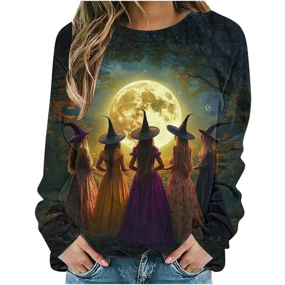 DOSUKRAI Halloween Sweatshirts Women Graphic Sweatshirts Long Sleeve Crew Neck Pullover Fall Lightweight Sweater Tops 2025 Multicolor,L
