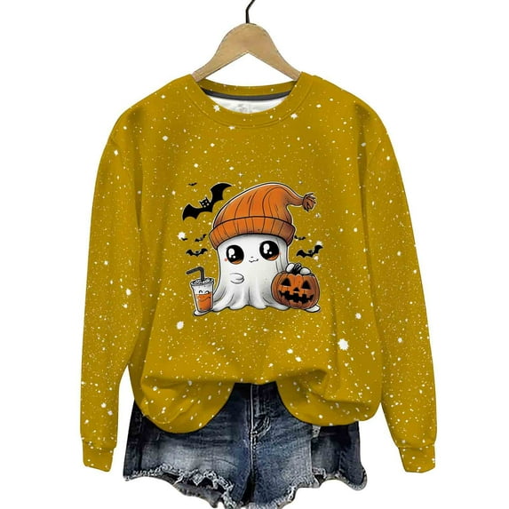 DOSUKRAI Halloween Sweatshirts Women Spooky Season Funny Long Sleeve Graphic Crewneck Pullover Tops Cute Ghost Sweater Yellow,L