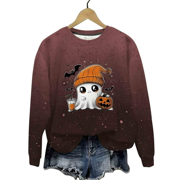 DOSUKRAI Halloween Sweatshirts for Women Spooky Season Funny Long Sleeve Graphic Crewneck Pullover Tops Cute Ghost Sweater Brown,XL