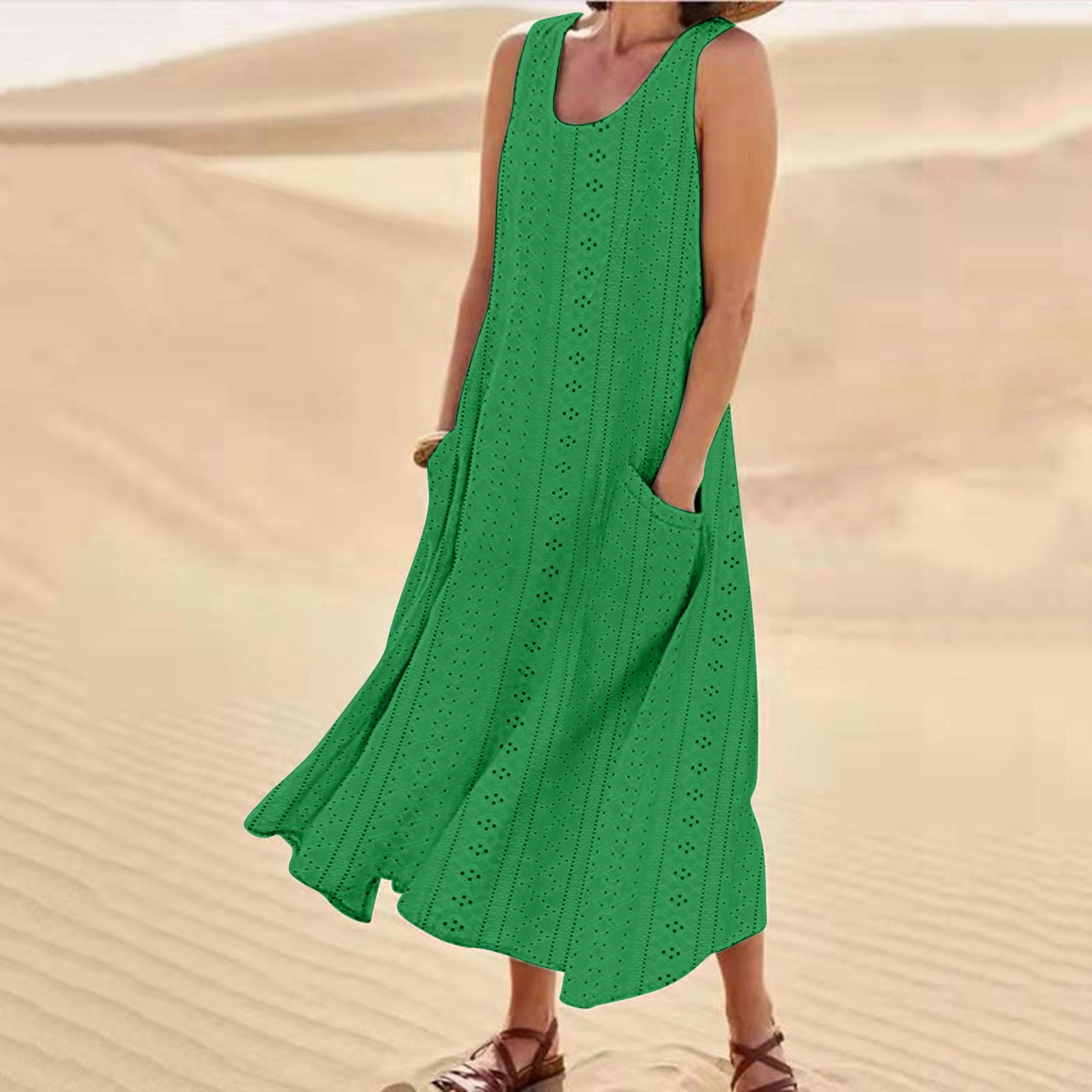 DOSUKRAI Sundresses for Women 2024 Trendy Eyelet Embroidery Sleeveless ...