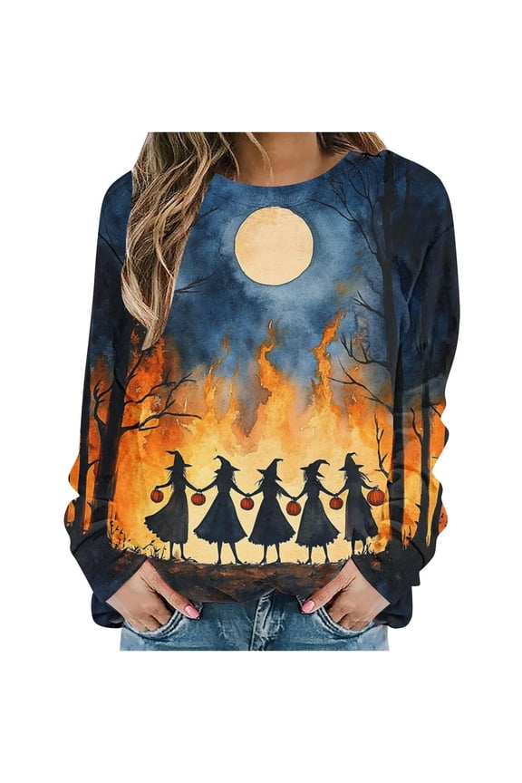 Sweatshirt Halloween for Women Spooky Season Funny Long Sleeve Graphic Crewneck Pullover Tops Cute Ghost Sweater Multicolor,S