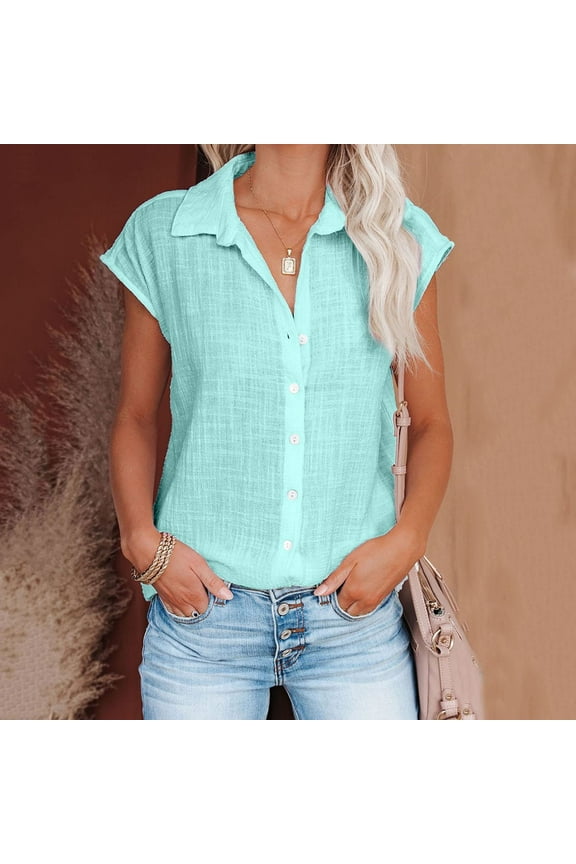 Women Button Down Shirts Cotton Linen Cap Sleeve Summer Tops V Neck Collared Work Blouses Dressy Casual Summer T Shirt Blue,S
