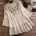 thumbnail image 1 of DOSUKRAI Women Cotton Linen Lace Crochet Embroidery 3/4 Sleeve Blouse Shirt Strap Up Patchwork Boho T-Shirt Summer Loose Tops 2024 Beige,XXXL, 1 of 7