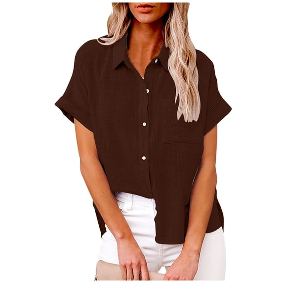 DOSUKRAI Women's Plus Size Linen Tops,Womens Short Sleeve Button up Shirts Summer Cotton Linen Blouse V Neck Collared Tops Loose Casual Ladies Clothes Brown,XXXL