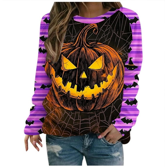 DOSUKRAI Womens Halloween Sweatshirts Graphic Sweatshirts Long Sleeve Crew Neck Pullover Fall Lightweight Sweater Tops 2025 Multicolor,XL