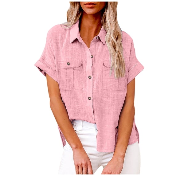 DOSUKRAI Womens Linen Button Down Shirts,Women's Short Sleeve Button up Shirts Summer Cotton Linen Blouse V Neck Collared Tops Loose Casual Ladies Clothes Pink,M
