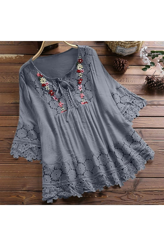 Womens Linen Embroidered Blouse 2024 Plus Size 3/4 Sleeve Button Up Tshirts for Women Lightweight Boho Vintage Peasant Shirts Gray,XL
