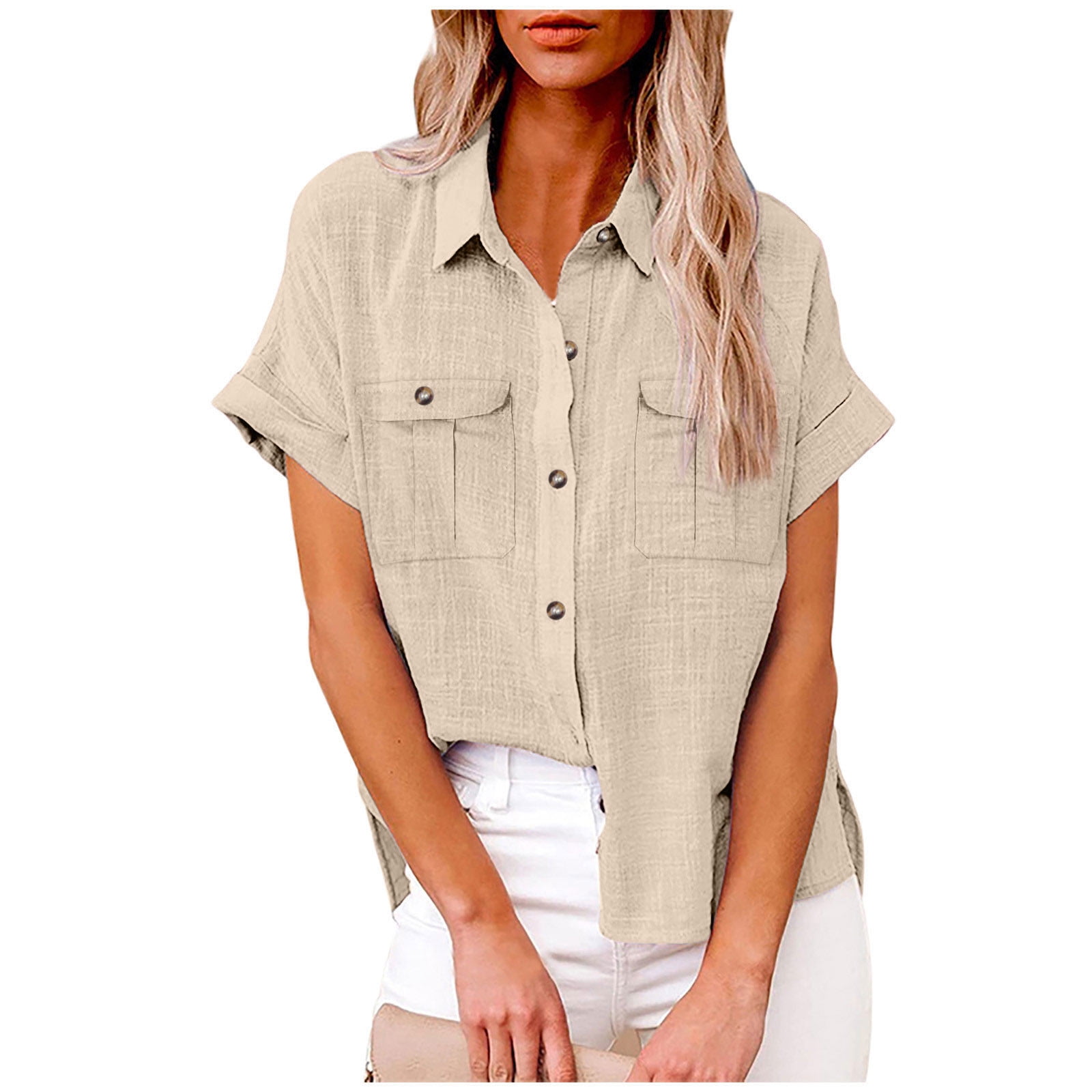 DOSUKRAI Womens Linen Shirt Plus,Womens Short Sleeve Button up Shirts ...